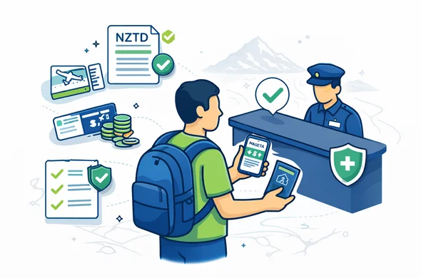 Flat vector illustration, clean modern tech feel, 2D with slight isometric depth. Scene: an abstract faceless traveler standing calmly near an immigration counter, holding a passport and a smartphone showing a generic NZeTA approval screen (no real logos, no readable text). Around the traveler, floating UI-style icons: NZTD confirmation, onward travel ticket, proof of funds, accommodation address pin, travel insurance shield, and a checklist with green checkmarks. Primary palette: deep blue and turquoise, with New Zealand accent color kiwi green. Background: minimalist white/grey with a faint outline of Mount Cook (Aoraki) and subtle map lines. Clean lines, organized composition, safe and efficient mood, semi-flat vector, high resolution.