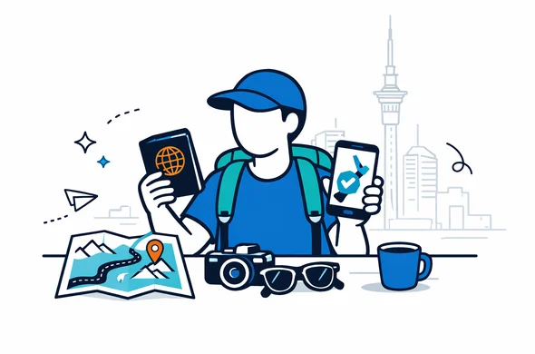 Flat vector illustration of an abstract traveler planning a long road trip in New Zealand, checking passport and digital NZeTA approval on a smartphone, calm and organized atmosphere, deep blue and turquoise with teal accents, minimalist white background with a faint isometric skyline of Auckland and the Sky Tower in outline, modern tech style, no facial features, clean lines