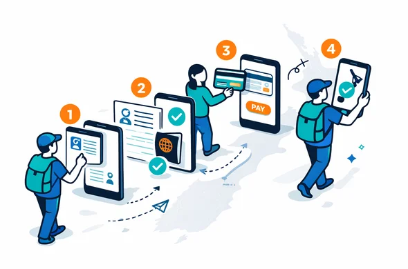 Semi-flat isometric vector illustration of a step by step digital application process for NZeTA, with abstract characters moving through numbered stages on screens and documents, deep blue and turquoise with teal accents, minimalist white background, faint outline of New Zealand map, modern UI style, no facial details, calm and efficient atmosphere