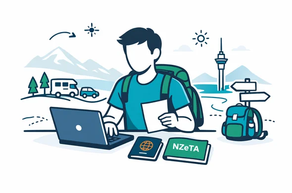 Flat or semi-flat vector illustration of an abstract Israeli traveler planning a long New Zealand road trip, sitting at a desk with a laptop, passport and documents labeled NZeTA, calm and organized atmosphere, deep blue and turquoise primary colors with emerald green accents inspired by New Zealand landscapes, minimalist white background with a faint silhouette of New Zealand mountains and Auckland Sky Tower, modern tech style, faceless characters, clean lines
