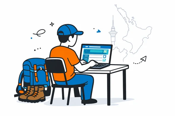 Flat vector illustration of an organized traveller at a desk filling an online NZeTA form on a laptop, backpack and hiking boots on the side, deep blue and turquoise interface with teal accents representing New Zealand, calm efficient mood, minimalist white background with a faint outline of New Zealand map and Auckland Sky Tower, modern semi-flat style, faceless abstract character.