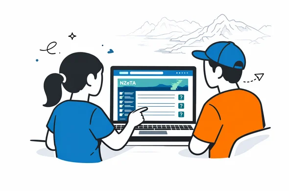 Semi-flat vector illustration of a digital NZeTA form on a laptop screen with small question mark icons near declaration fields, two faceless abstract characters calmly reviewing the form together, deep blue and turquoise user interface, teal accents for New Zealand, minimalist white and light grey background with a faint outline of New Zealand mountains and coastline, modern clean tech style.