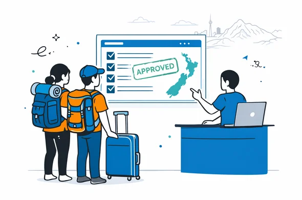 Flat vector illustration of a digital visa office assisting travellers with NZeTA applications, abstract faceless characters with backpacks and suitcases looking at a large screen showing a checklist and an approved stamp, deep blue and turquoise as primary colors with teal accents for New Zealand, calm and organized atmosphere, minimalist white background with a faint silhouette of Auckland skyline and mountains.