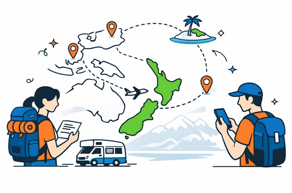 Flat semi-flat vector illustration of a large travel roadmap across Oceania and Southeast Asia with New Zealand highlighted at the center as the main stop. Abstract faceless travelers with backpacks and a campervan icon, checking documents and a phone. Modern tech feel, clean lines, deep blue and turquoise primary colors with emerald green accent for New Zealand, minimalist white/grey background with a faint silhouette of New Zealand mountains and coastline. Calm, organized, efficient atmosphere.