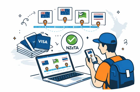 Isometric flat vector illustration of a traveler planning a multi-country trip timeline on a laptop and smartphone, with stacked visa documents and an NZeTA approval icon in the center. Deep blue and turquoise primary colors, emerald green accent for New Zealand. Minimalist white/grey background with a faint outline of the New Zealand map. Calm, organized, efficient planning atmosphere.