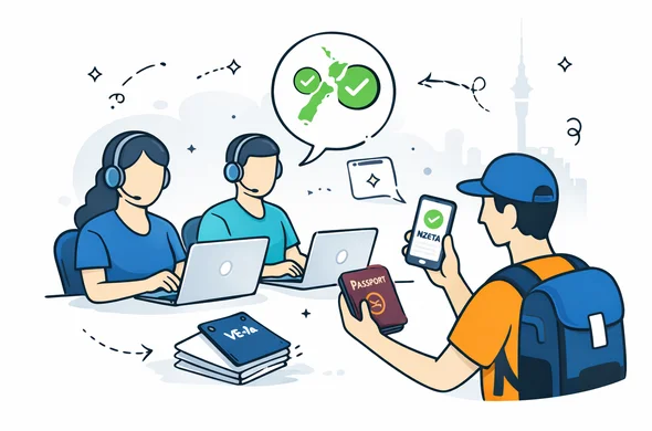 Flat vector illustration of a digital support team on laptops helping a traveler get an NZeTA approval for New Zealand. Abstract faceless characters, one holding a passport and another a smartphone showing an approved check mark. Deep blue and turquoise primary colors, emerald green accent for New Zealand. Minimalist white/grey background with a faint outline of the Auckland Sky Tower. Calm, secure, efficient office atmosphere.