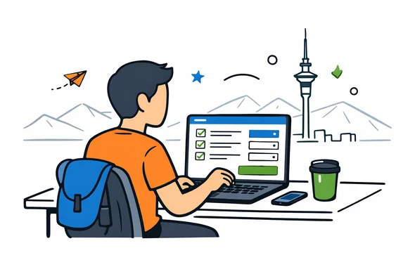 Flat semi-flat vector illustration of a modern traveler sitting at a desk with a laptop, filling an online NZeTA form, calm and organized atmosphere, deep blue and turquoise interface elements, accent green inspired by New Zealand nature, minimalist background with a faint outline of New Zealand mountains and the Sky Tower, faceless abstract character, clean tech style, 2D vector