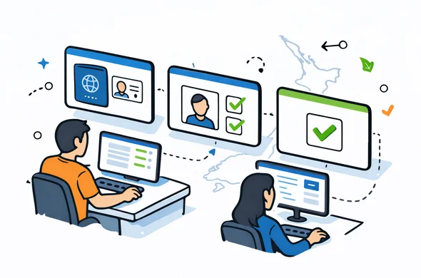 Isometric vector illustration of a digital workflow dashboard showing multiple steps in an NZeTA application review, with icons for passport details, photo check, and final approval, deep blue and turquoise interface, green accent highlights, faceless abstract operators monitoring on screens, minimalist background with faint outline of New Zealand map, calm efficient tech atmosphere