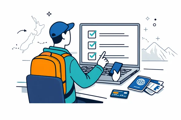 Flat vector illustration of an organized traveler at a desk checking a digital checklist for NZeTA to New Zealand, passport, tickets and credit card on the table, deep blue and turquoise with teal accents, minimalist white background with faint outline of New Zealand map and mountains, modern tech style, faceless abstract character, calm efficient atmosphere