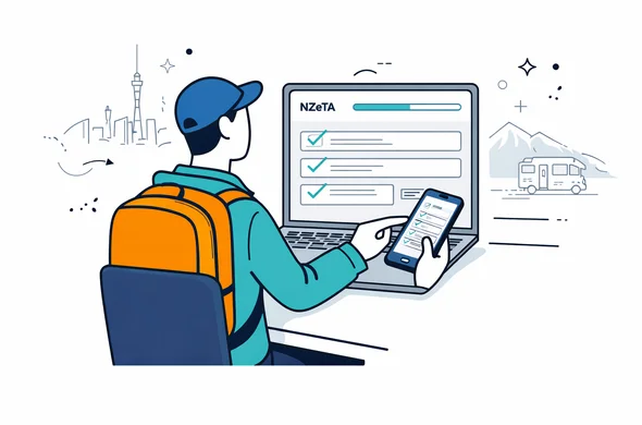 Flat vector illustration of a traveler sitting with a laptop and smartphone filling out an online NZeTA form for New Zealand, interface screens with check marks and progress bar, deep blue and turquoise with teal accents, minimalist white background with faint outline of New Zealand skyline and a campervan, modern tech style, faceless abstract character, safe and organized atmosphere