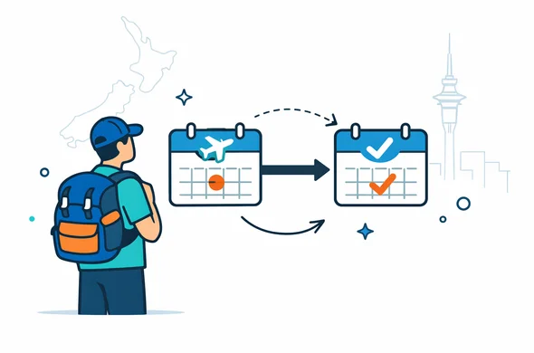 Flat vector illustration, modern travel planning scene, faceless traveler with backpack standing next to a large timeline showing flight date and NZeTA approval, deep blue and turquoise primary colors with teal accents for New Zealand, minimalist white background with faint outline of New Zealand map and Auckland Sky Tower, calm organized atmosphere