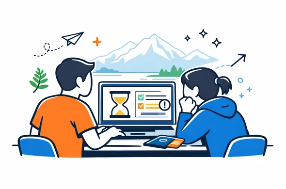 Flat vector illustration of two abstract travelers sitting at a desk, looking at a laptop screen that shows a pending travel authorization status for New Zealand. Calm, organized, tech oriented scene, deep blue and turquoise as main colors with green accent symbolizing New Zealand nature, minimalist white background with faint outline of New Zealand mountain landscape in the distance, no facial features, modern and clean design