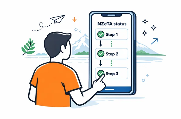 Semi flat vector illustration of a step by step digital process for checking NZeTA application status, shown as a vertical checklist on a large smartphone screen, abstract traveler character tapping the screen, deep blue and turquoise UI elements with green accent for New Zealand, minimal white background with faint silhouette of New Zealand coastline, calm and efficient atmosphere, no facial features