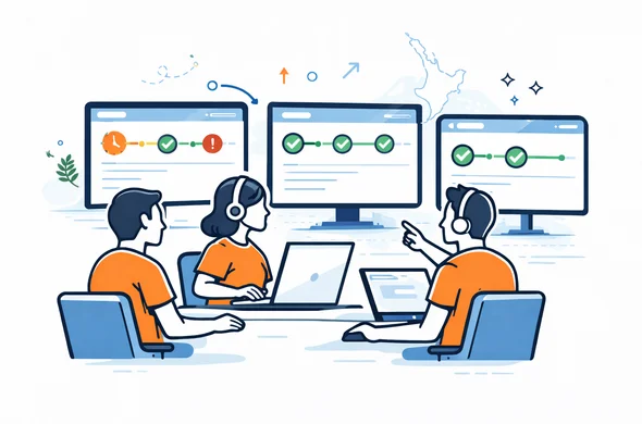 Flat vector illustration of a small support team in a modern digital office, looking at large screens with timelines and status indicators for visa and travel authorizations, deep blue and turquoise interface elements with green accents for New Zealand, minimalist white background with subtle outline of New Zealand map, calm and efficient atmosphere, abstract faceless characters
