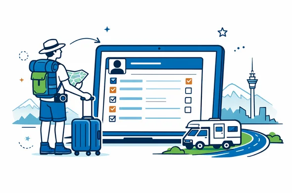 Flat vector illustration of an Israeli traveler planning a long New Zealand road trip, standing next to a large digital NZeTA form on a laptop screen, deep blue and turquoise color palette with green accents, calm and organized atmosphere, minimalist light background with a faint outline of New Zealand mountains and the Sky Tower, 2D clean lines, modern tech style, no facial details