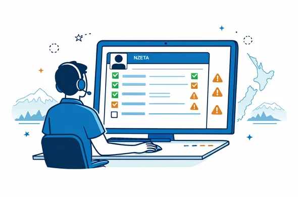 Semi-flat vector illustration of a support agent reviewing an NZeTA application on a large screen with checkmarks and warning icons, deep blue and turquoise main colors with green accents, calm and efficient atmosphere, minimalist white background with a faint outline of New Zealand map and mountains, 2D clean lines, modern tech dashboard style, faceless characters