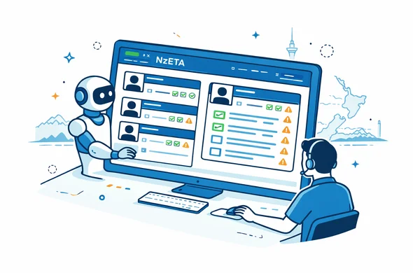 Flat vector illustration of a digital dashboard showing multiple NZeTA applications being checked automatically and by a human expert, deep blue and turquoise interface with green highlight accents, calm and efficient office atmosphere, minimalist light background with a faint outline of the Sky Tower and New Zealand coastline, 2D isometric style, faceless characters collaborating