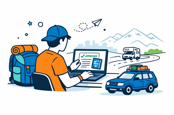 Flat vector illustration of a traveler checking an approved NZeTA document on a laptop before a long road trip in New Zealand, clean modern design, deep blue and turquoise with green accents, calm and organized tech atmosphere, minimal white background with a faint outline of New Zealand mountains and a subtle skyline silhouette, faceless abstract character, semi-flat style