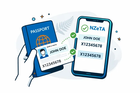 Semi-flat vector illustration of a hand holding a passport next to a smartphone displaying NZeTA details, focus on matching traveler name and passport number, deep blue and turquoise with green accents, calm and efficient atmosphere, minimal light grey background with a subtle silhouette of a New Zealand fern, faceless abstract character, clean vector lines