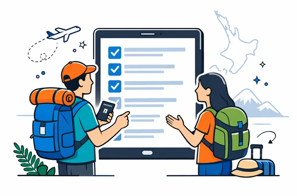 Flat vector illustration of two faceless travelers with backpacks reviewing a digital NZeTA checklist on a large tablet before flying to New Zealand, deep blue and turquoise primary colors with emerald green accents inspired by New Zealand nature, calm organized atmosphere, minimalist white background with faint outline of New Zealand map and mountain silhouette, modern semi-flat isometric style