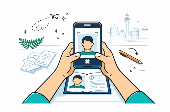 Semi-flat vector illustration of a faceless traveler holding a smartphone above an open passport to capture a clear photo for NZeTA, deep blue and turquoise with emerald green accents, clean tech feel, calm organized desk with simple document icons, minimalist white background with faint outline of Auckland skyline and New Zealand fern, 2D perspective