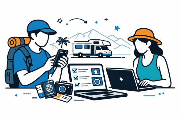 Flat semi-flat vector illustration of two faceless abstract travellers planning a long New Zealand campervan trip, checking a digital checklist for passport photo and NZeTA requirements on a smartphone and laptop, deep blue and turquoise palette with teal accents, minimalist white background with faint outline of New Zealand mountains, calm organized efficient atmosphere