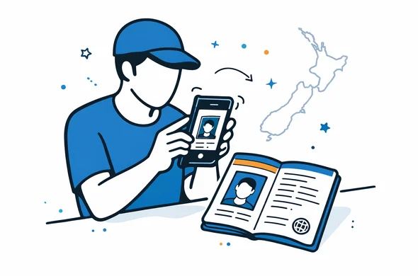 Flat vector illustration of a faceless abstract traveller holding a smartphone above an open passport on a table, capturing a clear document photo for an NZeTA application, deep blue and turquoise with teal accents, minimalist background with faint outline of a New Zealand map, calm organized efficient tech atmosphere