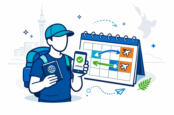Flat or semi-flat vector illustration, clean lines, modern tech feel, isometric. A faceless traveler holding a passport and a smartphone showing NZeTA approved status, next to a calendar where flight dates are being moved with arrows. Deep blue and turquoise primary palette (Aid-Air brand feel), accent color fern green for New Zealand. Minimal white and light grey background with a faint outline of the Auckland Sky Tower and a subtle New Zealand map silhouette. Calm, organized, safe atmosphere, no photorealism, no facial features.