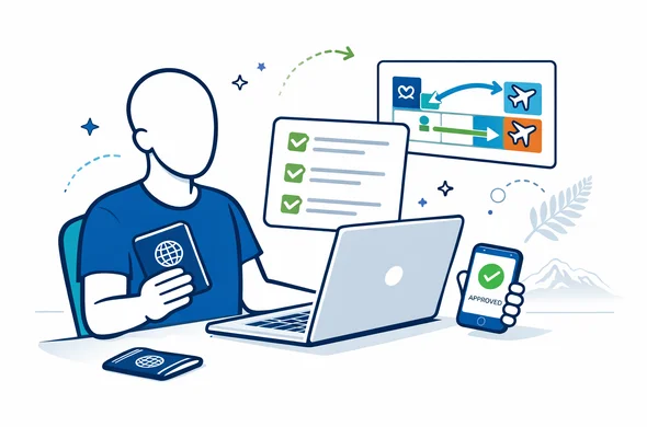 Flat vector illustration, clean lines, modern tech feel, 2D or light isometric. A faceless character at a desk with a laptop, passport, digital checklist with checkmarks, and a flight itinerary being updated. Smartphone shows NZeTA approved badge. Deep blue and turquoise primary palette, fern green accent for New Zealand. Minimal white and light grey background with a faint silver fern outline and subtle contour of Mount Cook in the distance. Calm, organized, safe, no photorealism, no facial features.