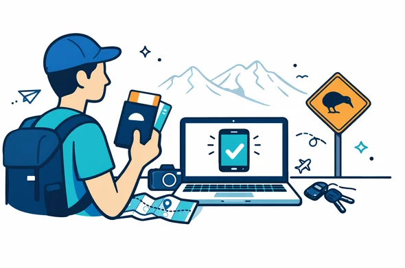 Flat vector illustration of an abstract traveler planning a long New Zealand road trip, holding a passport and flight ticket next to a laptop with a digital NZeTA approval screen, deep blue and turquoise color palette with teal accents, minimalist white background and a faint outline of New Zealand mountains and a kiwi road sign, modern tech style, clean lines, calm and organized atmosphere