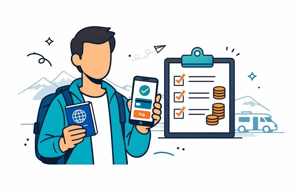 Flat vector illustration, modern tech style, deep blue and turquoise primary colors with teal accents for New Zealand. Faceless abstract traveler character holding a passport and smartphone showing an NZeTA payment screen, beside a simple fee breakdown checklist. Minimal white background with a faint outline of New Zealand mountains and a campervan silhouette in the distance, calm and organized atmosphere.