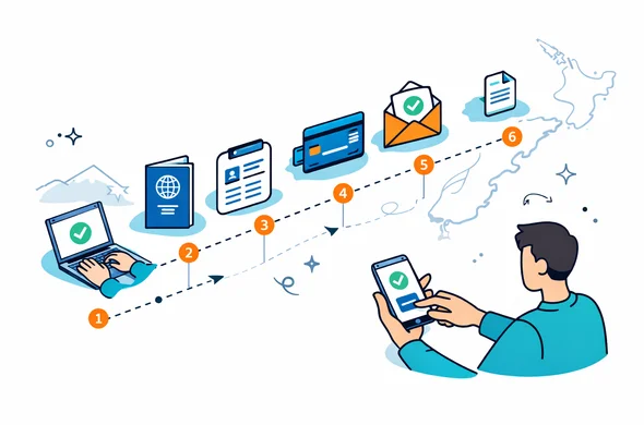 Semi-flat isometric vector illustration showing a clear six-step timeline for paying NZeTA online: icons of passport, form, credit card, confirmation email. Deep blue and turquoise with teal accents for New Zealand. Faceless abstract characters tapping on a laptop and phone. Minimal white background with a faint outline of New Zealand coastline, calm and efficient atmosphere.