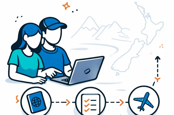 Semi flat vector illustration, roadmap style timeline for a New Zealand trip, abstract faceless characters planning on a laptop with passport and checklist icons, deep blue and turquoise main colors with teal accents, calm and organized mood, minimalist white and grey background with a faint outline of New Zealand map and mountains