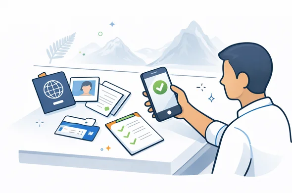 Semi-flat vector illustration with clean lines and modern tech feel, isometric desk scene. Abstract faceless traveler uses a smartphone to submit an online travel authorization, screen shows a generic confirmation with a checkmark. On the desk: passport, photo icon, bank statement, flight ticket, and a checklist with tick marks. Deep blue and turquoise primary palette with fern green accent for New Zealand. Minimalist white and light grey background with a faint silhouette outline of Milford Sound fjord mountains and a small silver fern. Atmosphere calm, efficient, secure, organized, no photorealism, no readable text, no detailed facial features.