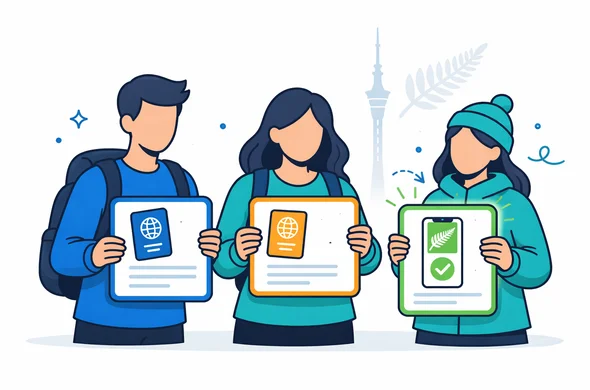 Flat or semi-flat vector illustration, clean lines, 2D infographic layout with a modern tech vibe. Faceless neutral characters hold three color-coded travel document cards representing: traditional visa, e-visa, and ETA. The ETA card is highlighted to represent NZeTA with a clear icon like a digital checkmark. Deep blue and turquoise primary palette with fern green accent for New Zealand. Minimal white and light grey background with a faint outline of the Auckland Sky Tower and a subtle fern leaf silhouette. Calm, organized, trustworthy look. Vector illustration, no photorealism, no readable small text, no brand logos, no detailed faces.