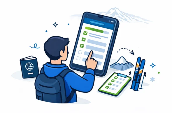 Isometric flat vector illustration with clean lines and a modern tech feel. A faceless traveler completes an online NZeTA application on a smartphone: visible form fields, checkboxes, and a progress bar as abstract shapes. Next to the phone: passport, a neat checklist, and a small winter sports icon like skis and a snow-capped mountain. Primary colors deep blue and turquoise with fern green accent. Minimal white and light grey background with a faint silhouette of Aoraki / Mount Cook. Calm, secure, efficient atmosphere. Vector style, no photorealism, no detailed facial features, no brand logos.