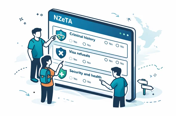 Isometric flat vector illustration of a large digital NZeTA form interface on a screen, divided into sections titled criminal history, visa refusals, security and health, with abstract faceless characters pointing at different sections, deep blue and turquoise primary colors with emerald green New Zealand accents, minimalist white background with a faint silhouette of the New Zealand map, calm and organized, modern UX style, clean lines