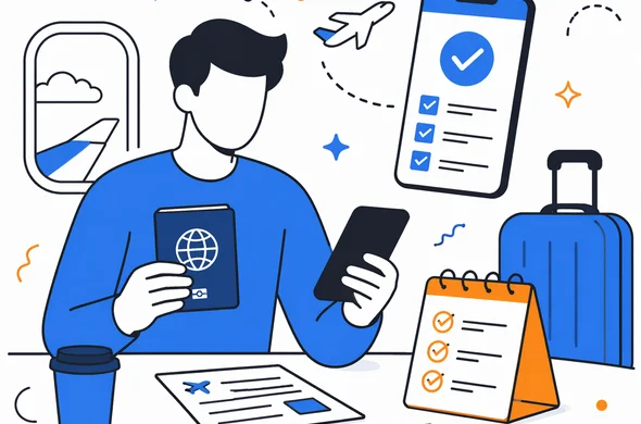 Flat semi-flat vector illustration, traveler checking passport, flight details and digital travel approval on phone before a New Zealand trip, calm organized atmosphere, faceless abstract characters, minimal background, clean modern tech feel, Aid-Air palette.
