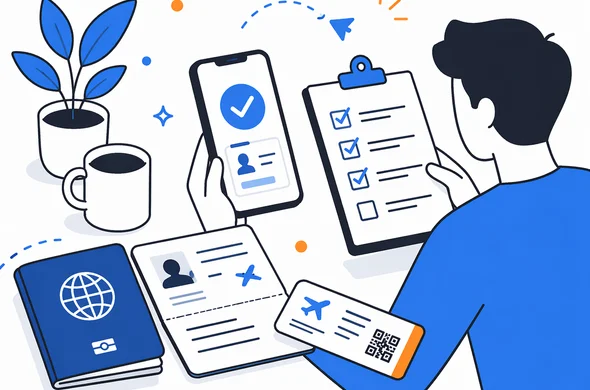 Flat semi-flat vector illustration of a neat desk with passport, mobile approval screen, boarding details and checklist being compared, faceless abstract characters, calm organized atmosphere, minimal background, clean modern tech feel, Aid-Air palette.