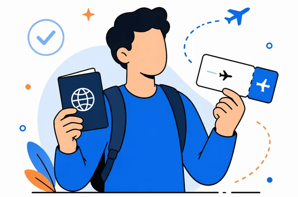 Flat semi-flat vector illustration, traveler holding passport and one-way airline ticket, abstract faceless character, clean modern tech feel, calm organized atmosphere, minimal background, Aid-Air palette