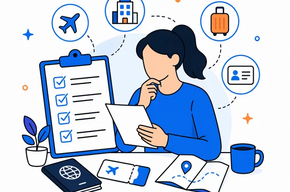 Flat semi-flat vector checklist for travel preparation, abstract faceless character reviewing documents, passport, booking and planning icons, clean modern tech feel, calm organized atmosphere, minimal background, Aid-Air palette