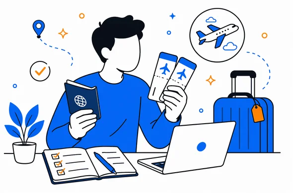 Flat semi-flat vector illustration of a faceless traveler checking passport, flight tickets and travel details before a New Zealand trip, clean modern tech feel, calm organized atmosphere, minimal background, Aid-Air palette.