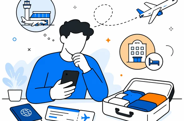Flat semi-flat vector illustration of an abstract faceless traveler reviewing an overnight layover itinerary to New Zealand, phone passport boarding pass and hotel icon, clean modern tech feel, calm organized atmosphere, minimal background, Aid-Air palette.