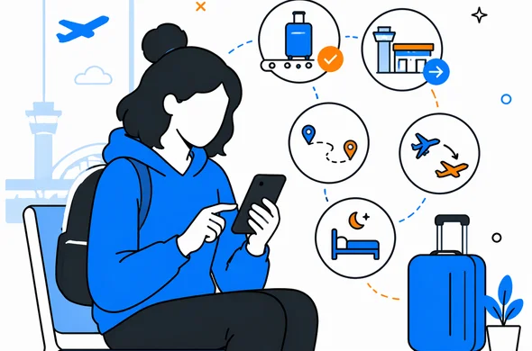 Flat semi-flat vector illustration of a faceless traveler checking baggage transfer terminal change and overnight layover details on a phone, airport icons and luggage symbols, clean modern tech feel, calm organized atmosphere, minimal background, Aid-Air palette.