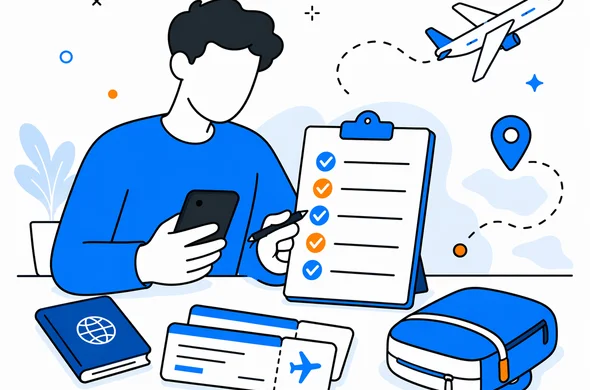 Flat semi-flat vector illustration of a faceless traveler using a pre-flight checklist with passport phone boarding passes and route notes, clean modern tech feel, calm organized atmosphere, minimal background, Aid-Air palette.