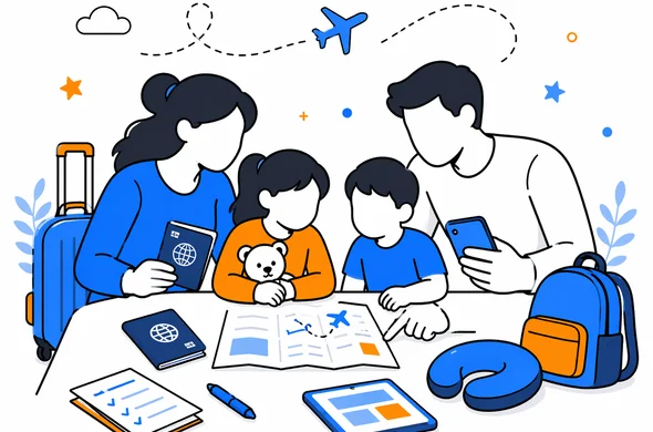 Flat semi-flat vector illustration of a family preparing travel documents for a New Zealand trip with young children, abstract faceless parents organizing passports phone and itinerary, clean modern tech feel, calm organized atmosphere, minimal background, Aid-Air palette