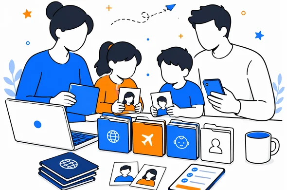 Flat semi-flat vector illustration of organized family travel files for parents and young children, abstract faceless characters sorting passport photo folders on laptop and phone, clean modern tech feel, calm organized atmosphere, minimal background, Aid-Air palette