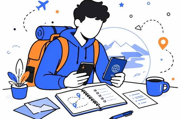Flat semi-flat vector illustration of a young backpacker planning a New Zealand trip with passport, phone, and travel notes, faceless abstract character, calm organized atmosphere, minimal background, Aid-Air palette, clean modern tech feel