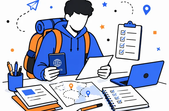 Flat vector illustration of a backpacker organizing passport, documents, route plan, and checklist before travel authorization application, faceless abstract character, minimal background, calm organized tech feel, Aid-Air palette