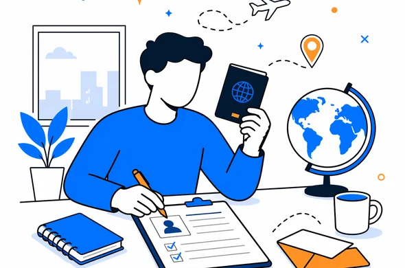 Flat semi-flat vector illustration of an Israeli traveler living abroad organizing foreign address details, passport and travel form before applying for NZeTA, clean modern tech feel, faceless abstract character, calm organized atmosphere, minimal background, Aid-Air palette